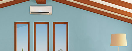 Ductless heat pump on wall of interior modern home